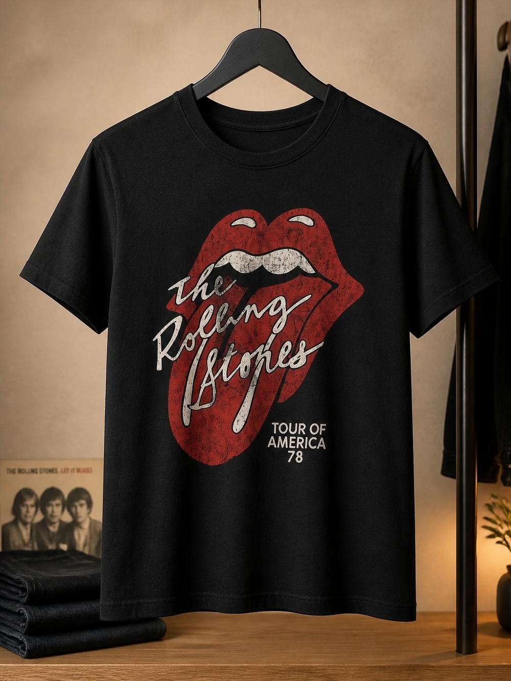 the Rolling Stones Black Tee with Red Tongue Graphic